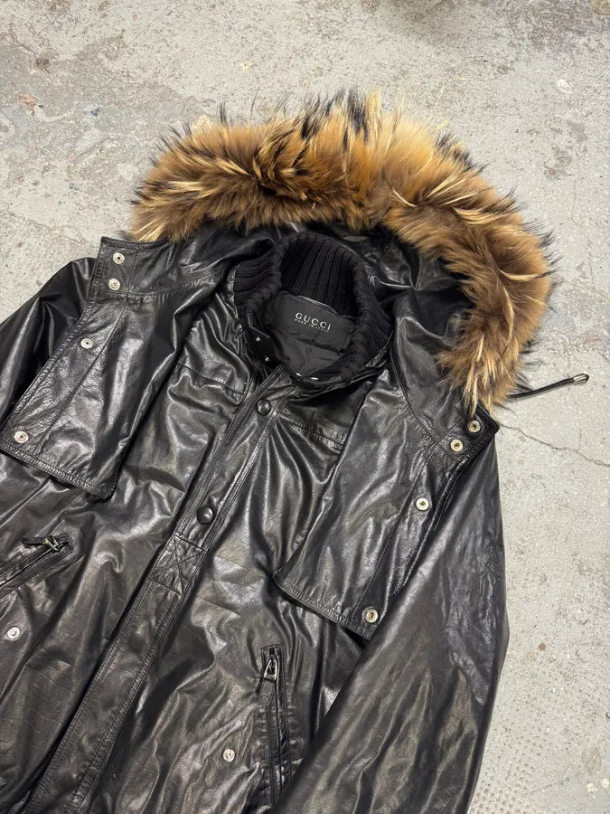 AW2009 Gucci Black Contemporary Fur Hooded Leather Jacket seFSsSj 3