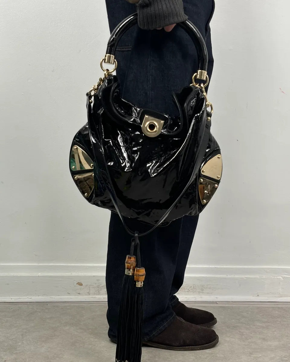 AW2009 Gucci Indy Black Shinny Leather Bamboo Handle Bag by Frida Giannini VSuRAou 0