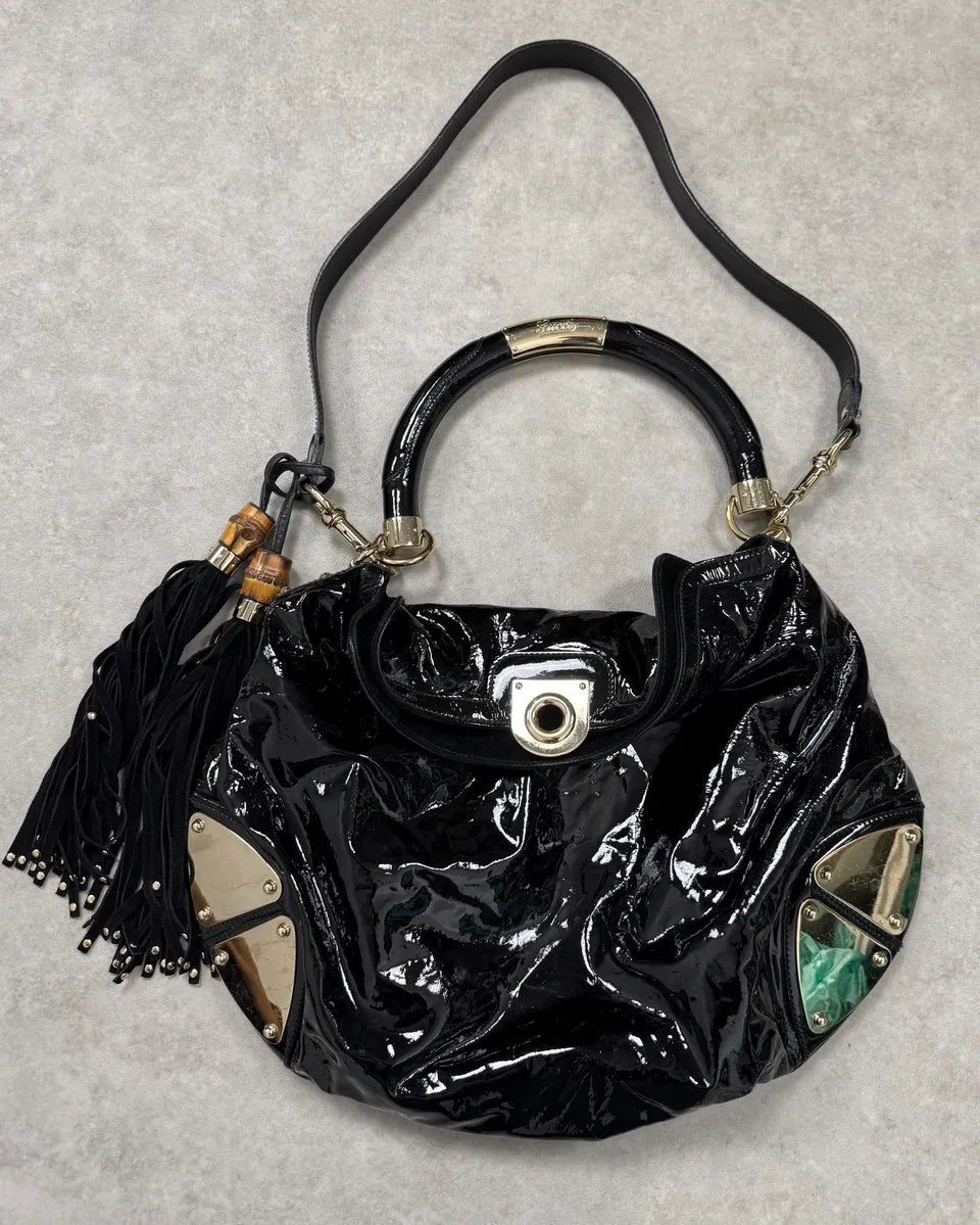AW2009 Gucci Indy Black Shinny Leather Bamboo Handle Bag by Frida Giannini VSuRAou 2