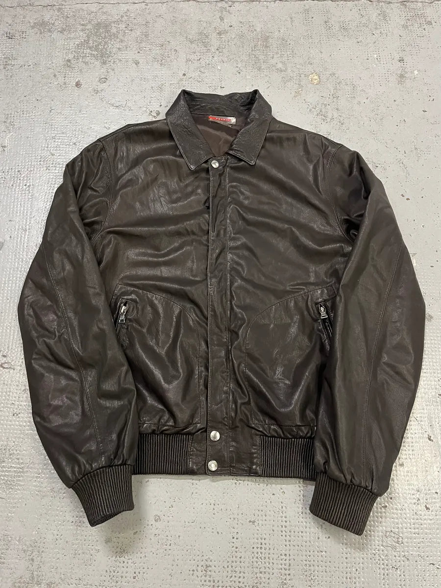 AW2009 Prada Brown Leather Bomber Jacket TnkIhyX 0