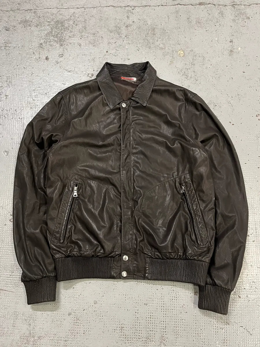 AW2009 Prada Brown Leather Bomber Jacket TnkIhyX 3