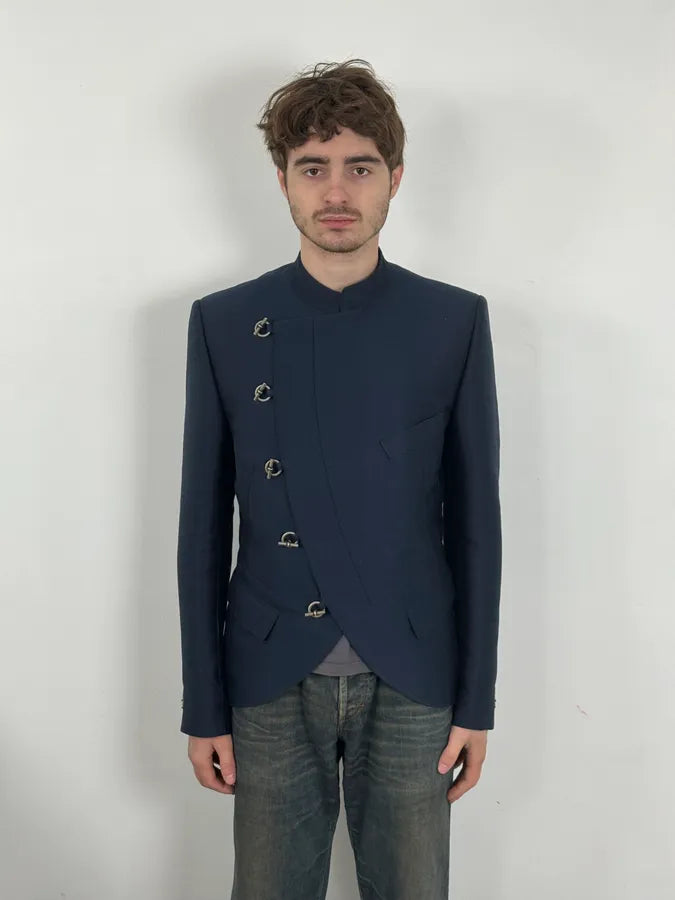 AW2009 Versace Navy Asymmetrical Buttoned Officier Blazer Jacket BLYEcUJ 1