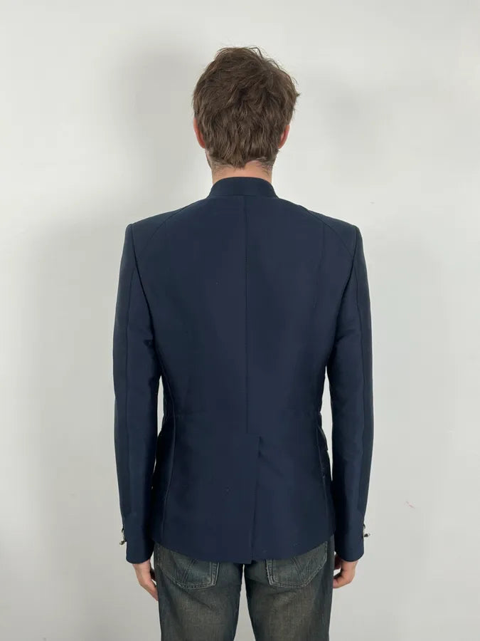 AW2009 Versace Navy Asymmetrical Buttoned Officier Blazer Jacket BLYEcUJ 2