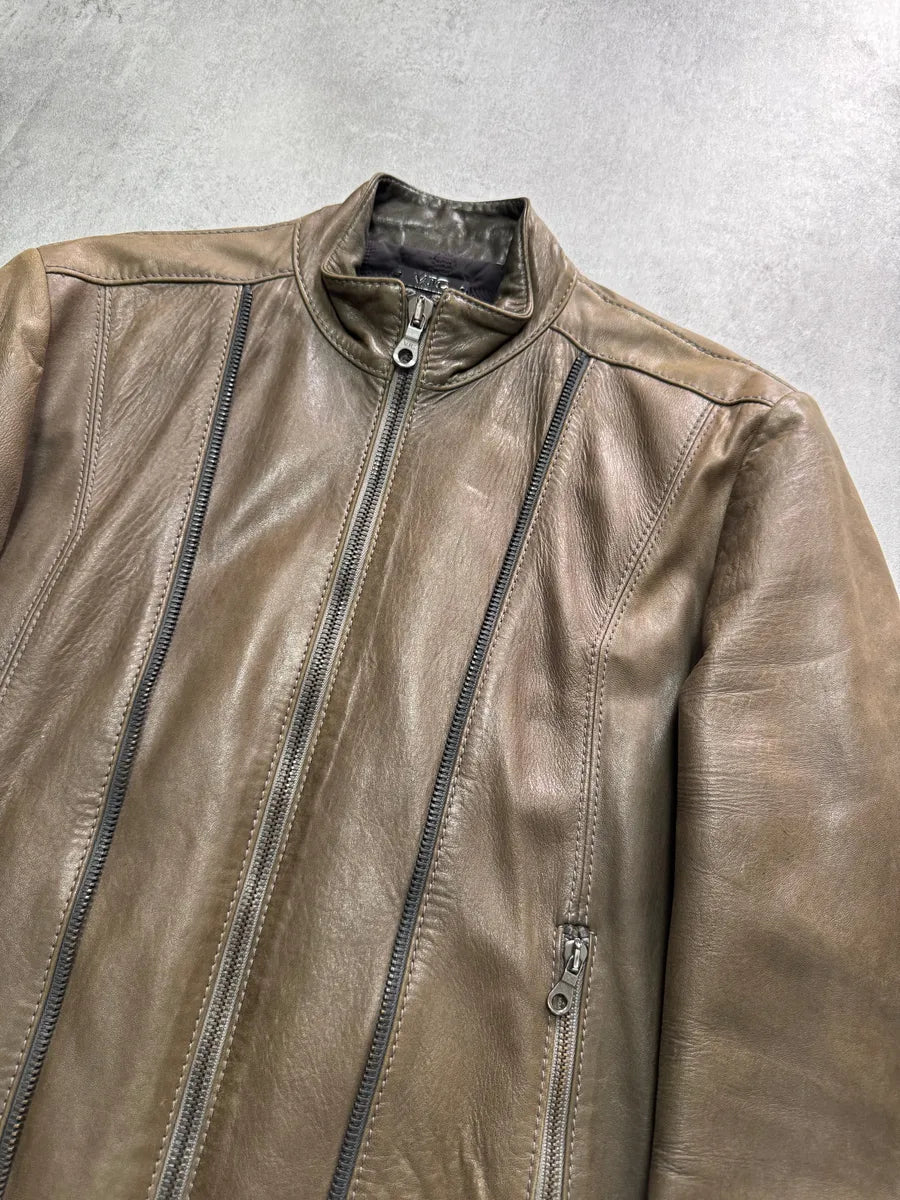 AW2009 Versace Triple Zips Brown Leather Jacket tFwmcId 2