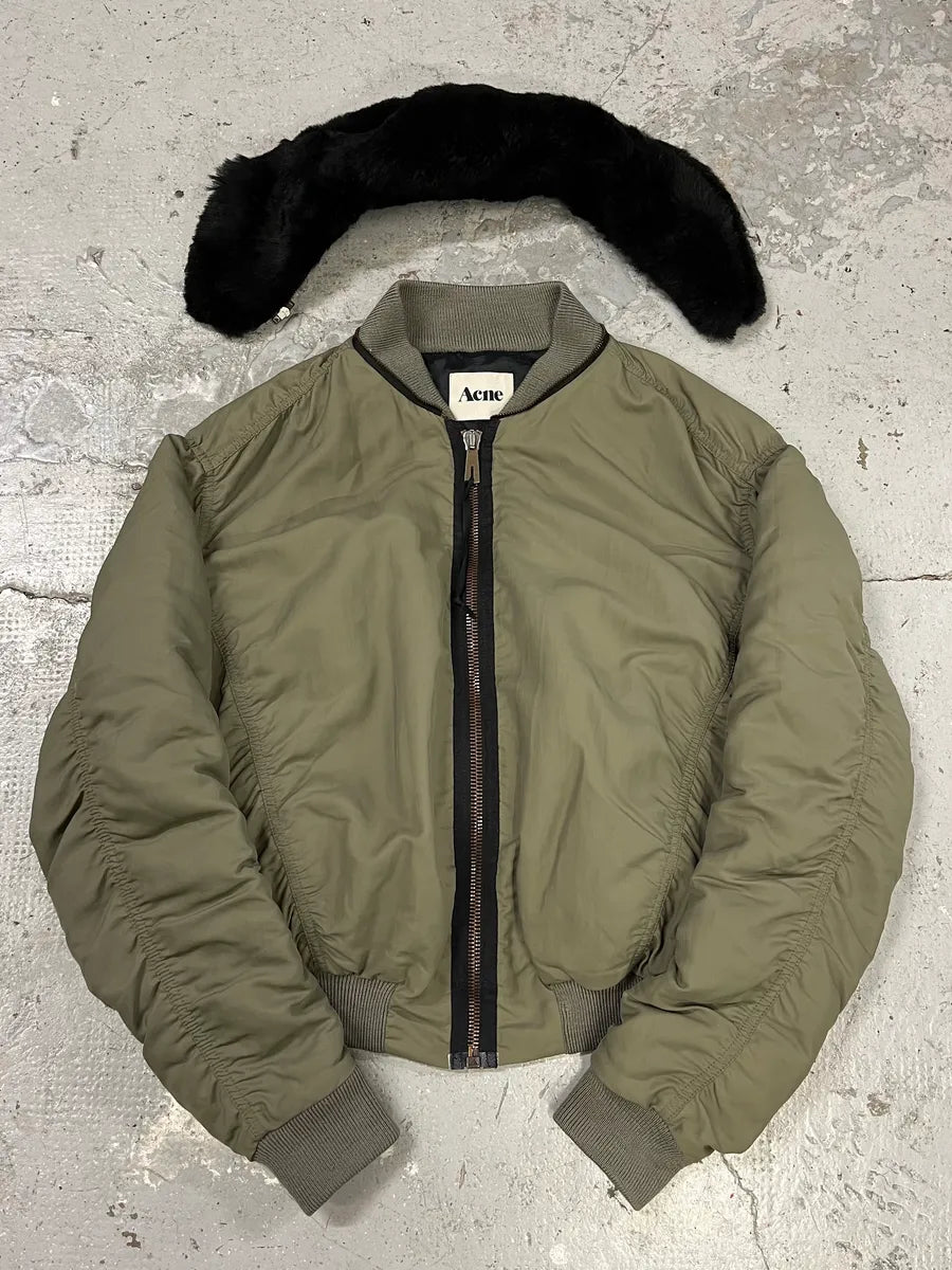 AW2010 Acne Studios Zippable Double Fur Collar Olive Bomber Jacket dmPhIdi 0