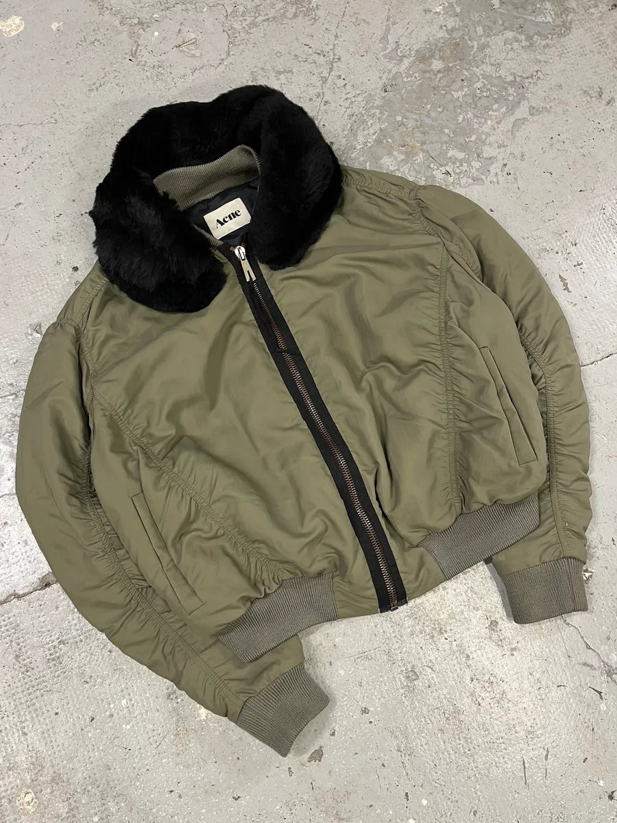 AW2010 Acne Studios Zippable Double Fur Collar Olive Bomber Jacket dmPhIdi 3