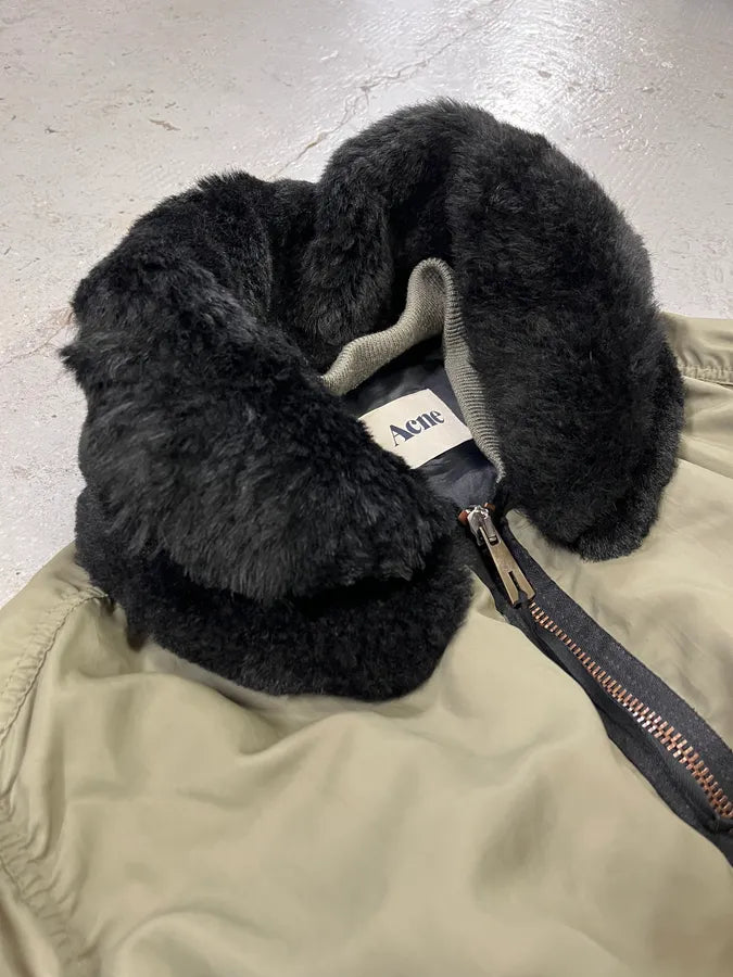 AW2010 Acne Studios Zippable Double Fur Collar Olive Bomber Jacket dmPhIdi 4