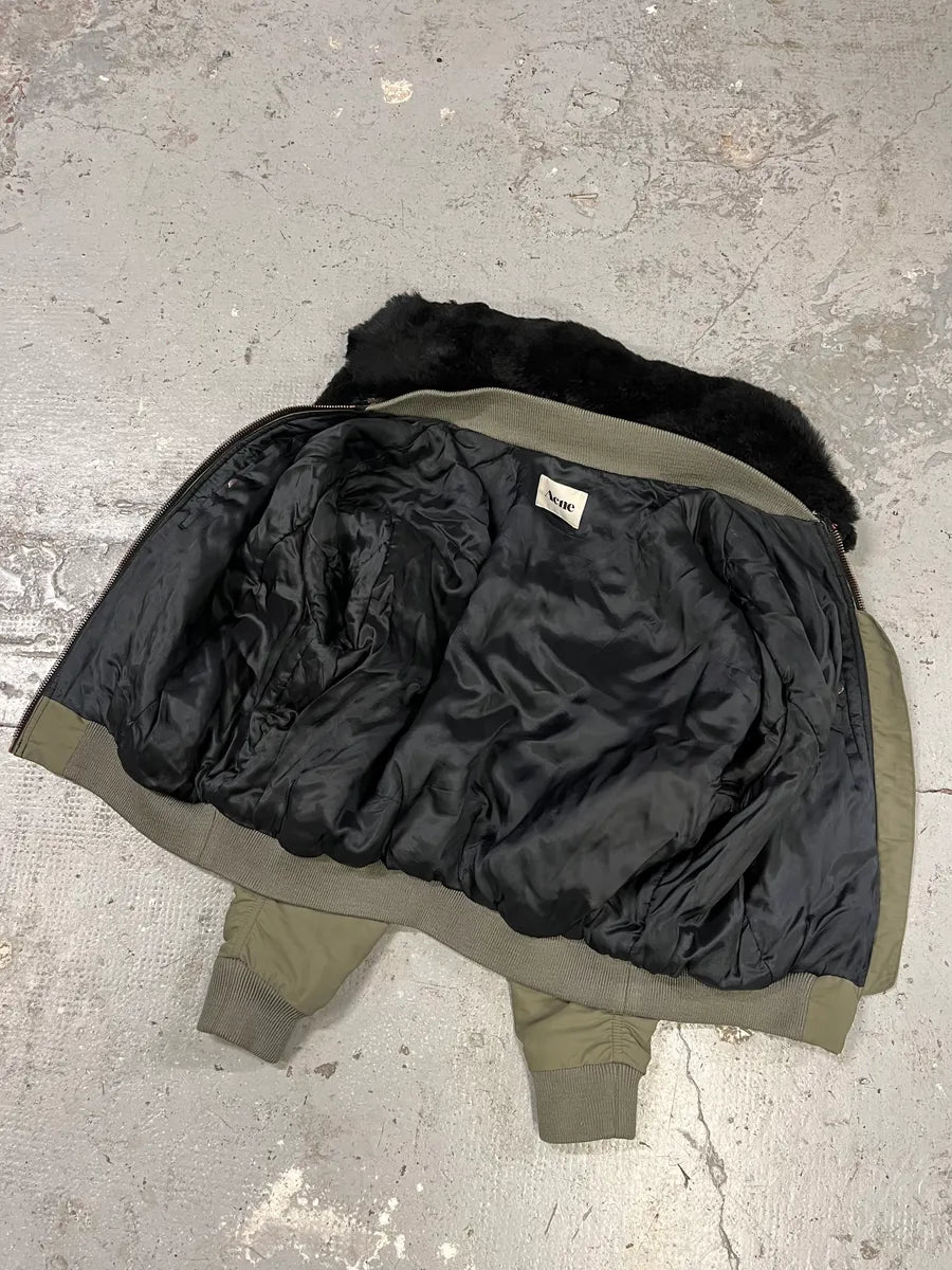 AW2010 Acne Studios Zippable Double Fur Collar Olive Bomber Jacket dmPhIdi 9