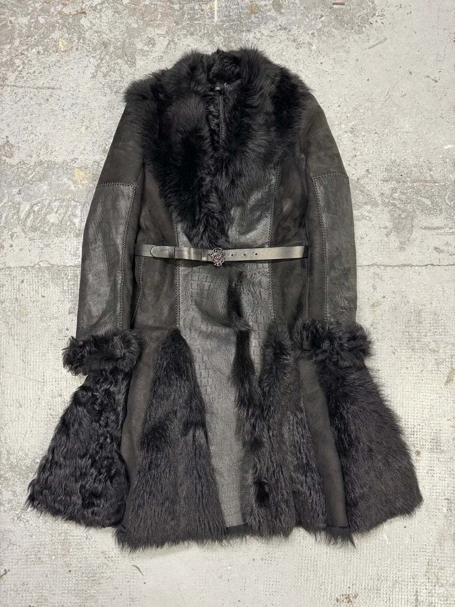 AW2010 Cavalli Black Leather Crocodile Effect Fur Royal Long Jacket AKRMUTl 0