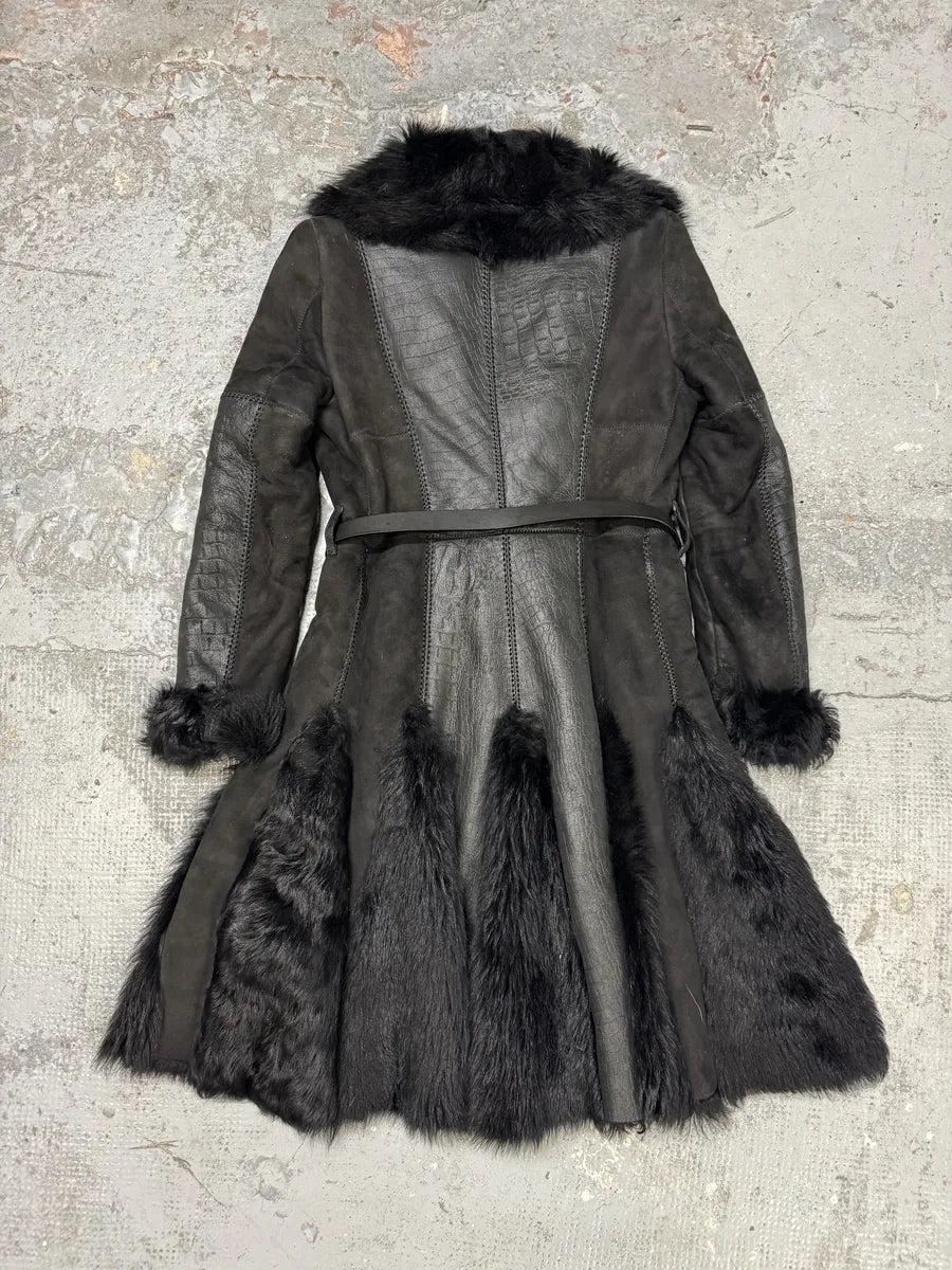 AW2010 Cavalli Black Leather Crocodile Effect Fur Royal Long Jacket AKRMUTl 1