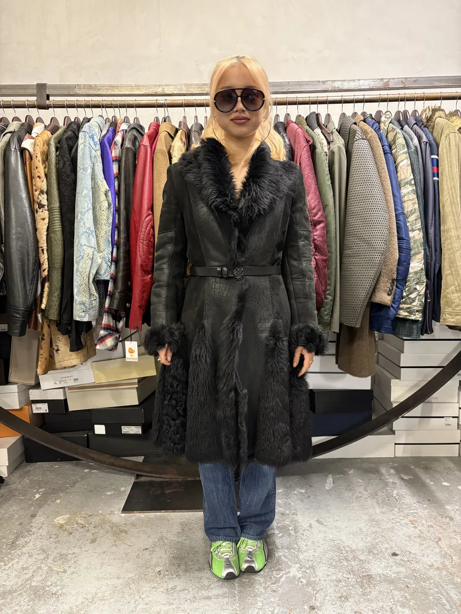 AW2010 Cavalli Black Leather Crocodile Effect Fur Royal Long Jacket AKRMUTl 2