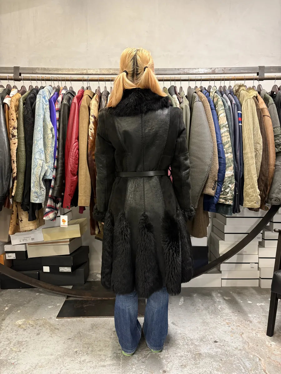 AW2010 Cavalli Black Leather Crocodile Effect Fur Royal Long Jacket AKRMUTl 3