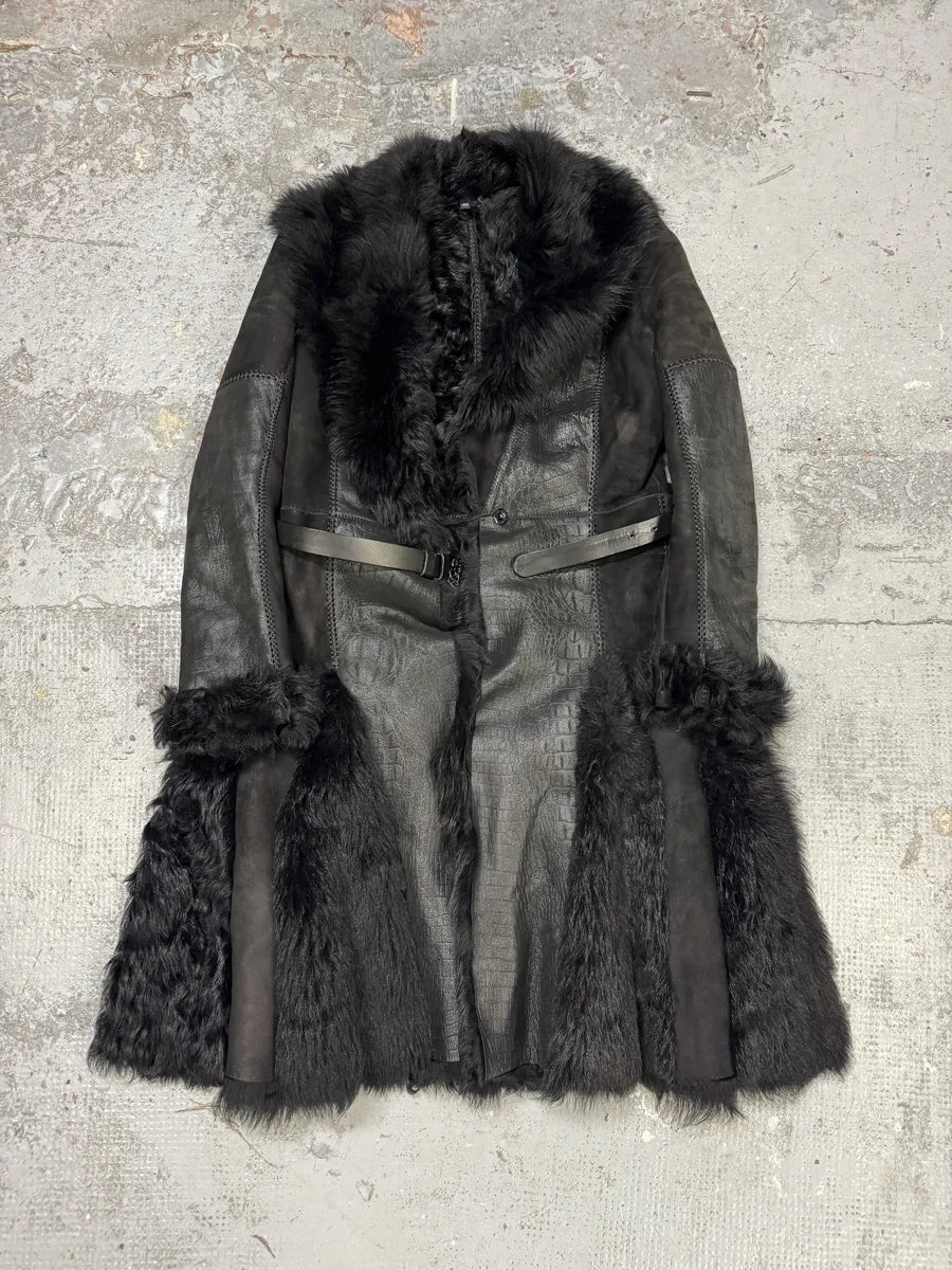 AW2010 Cavalli Black Leather Crocodile Effect Fur Royal Long Jacket AKRMUTl 4