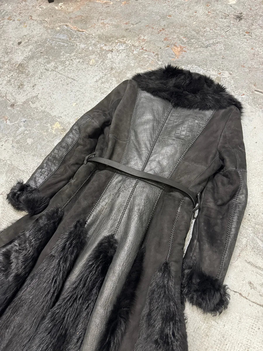 AW2010 Cavalli Black Leather Crocodile Effect Fur Royal Long Jacket AKRMUTl 5