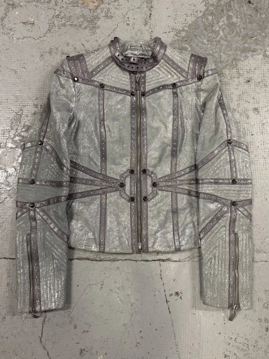 AW2010 Cavalli Grey Soldier Leather Studded Jacket dvMoUJo 0