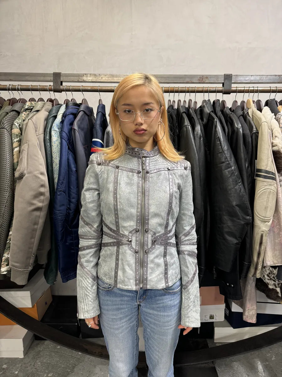 AW2010 Cavalli Grey Soldier Leather Studded Jacket dvMoUJo 4