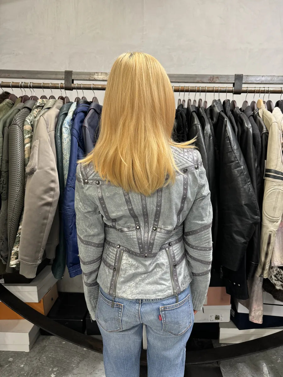 AW2010 Cavalli Grey Soldier Leather Studded Jacket dvMoUJo 5