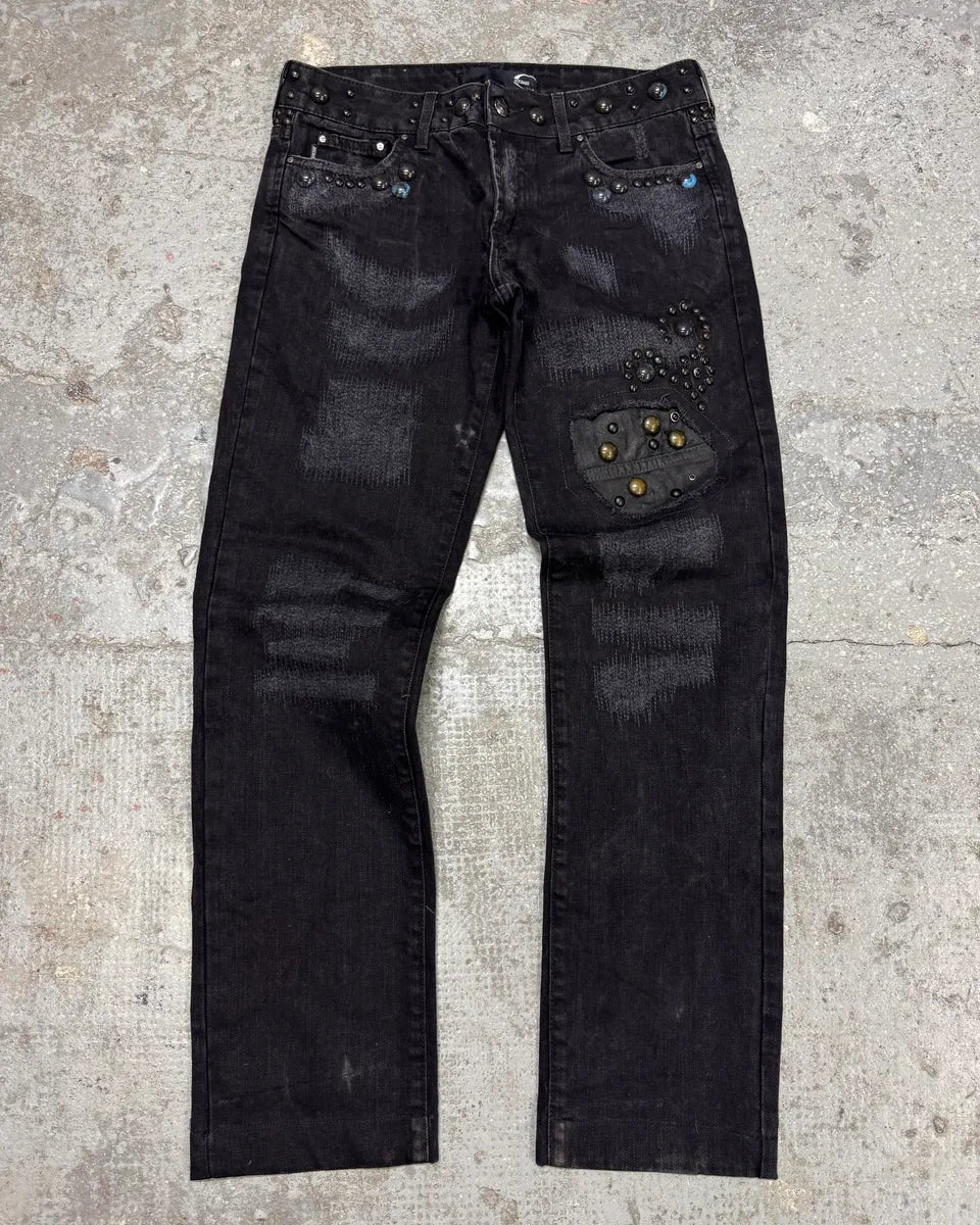 AW2010 Cavalli Studded Distressed Black Denim Jeans (S) 0