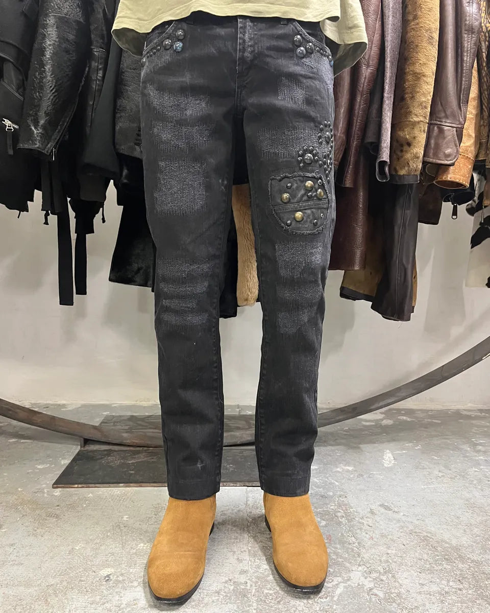 AW2010 Cavalli Studded Distressed Black Denim Jeans (S) 1