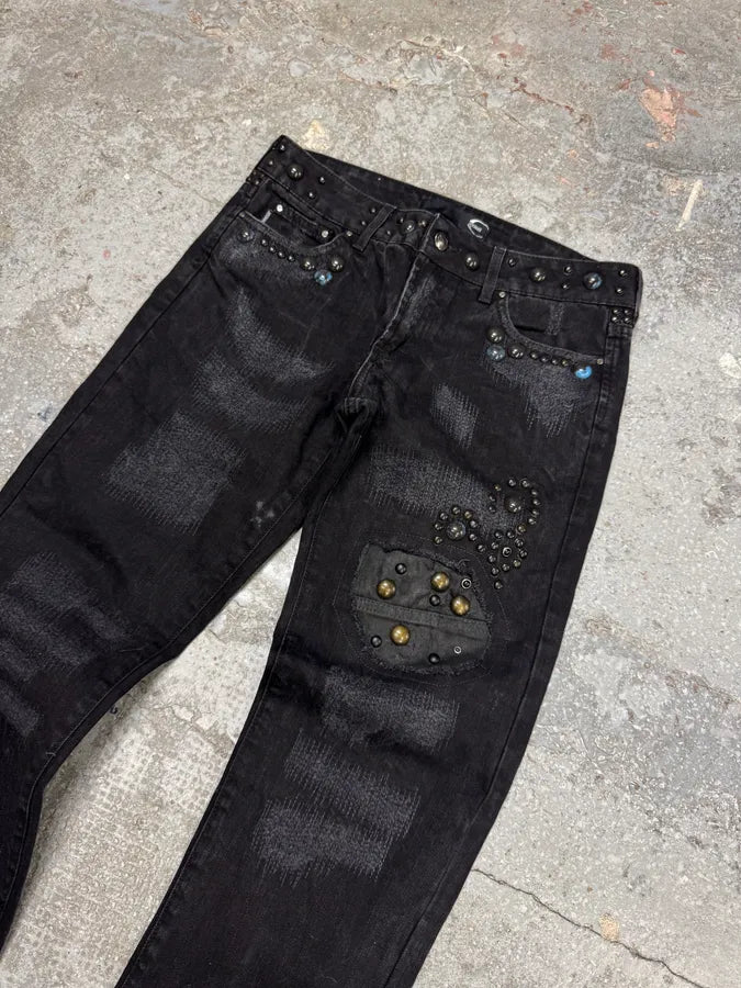 AW2010 Cavalli Studded Distressed Black Denim Jeans (S) 2