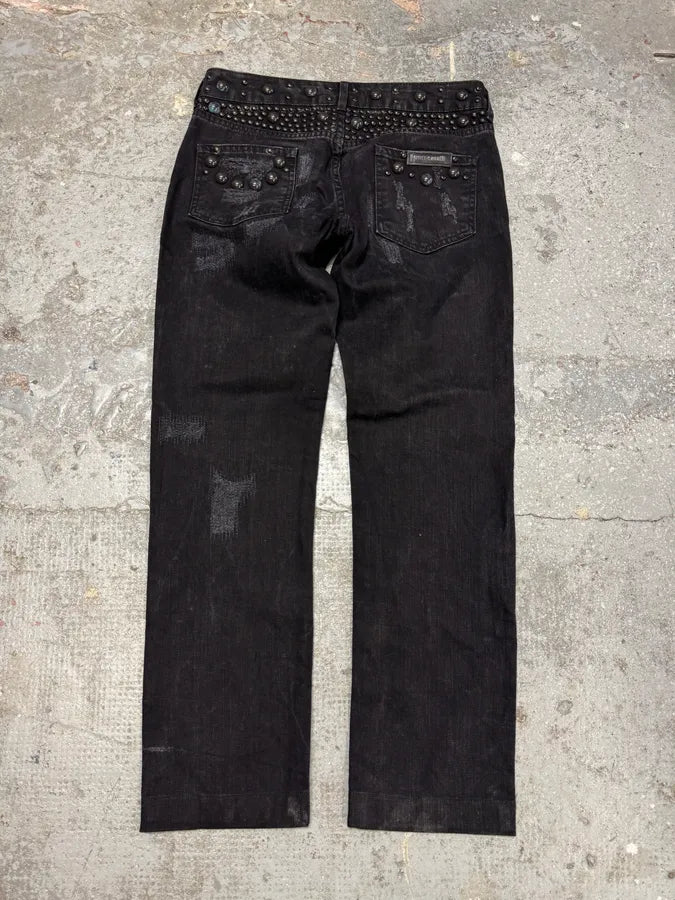 AW2010 Cavalli Studded Distressed Black Denim Jeans (S) 3