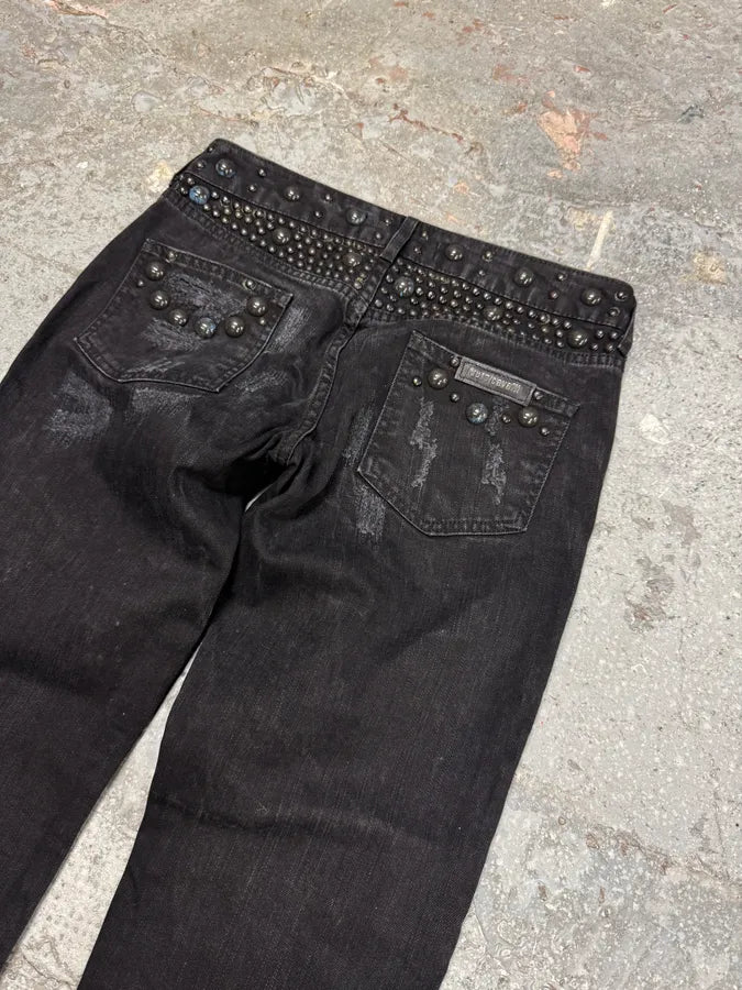 AW2010 Cavalli Studded Distressed Black Denim Jeans (S) 6