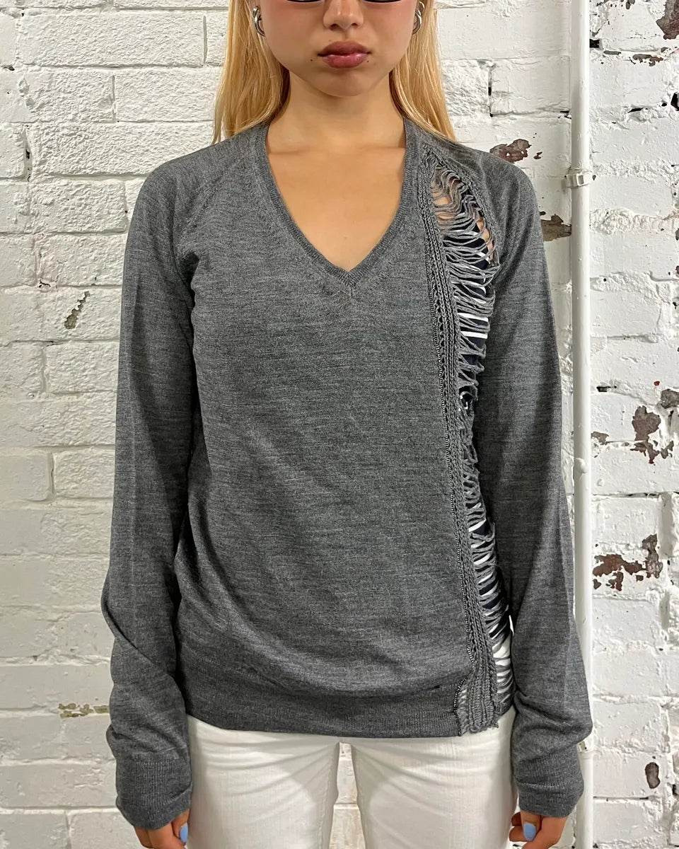 AW2010 Dsquared2 Grey Wool Distressed V-Neck Sweater YDchKJJ 1