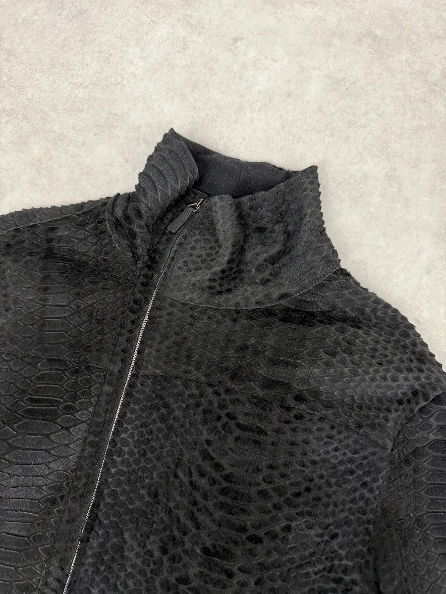 AW2010 Emporio Armani Asymmetrical Black Crocodile Embossed Leather Jacket JkYoTnY 12