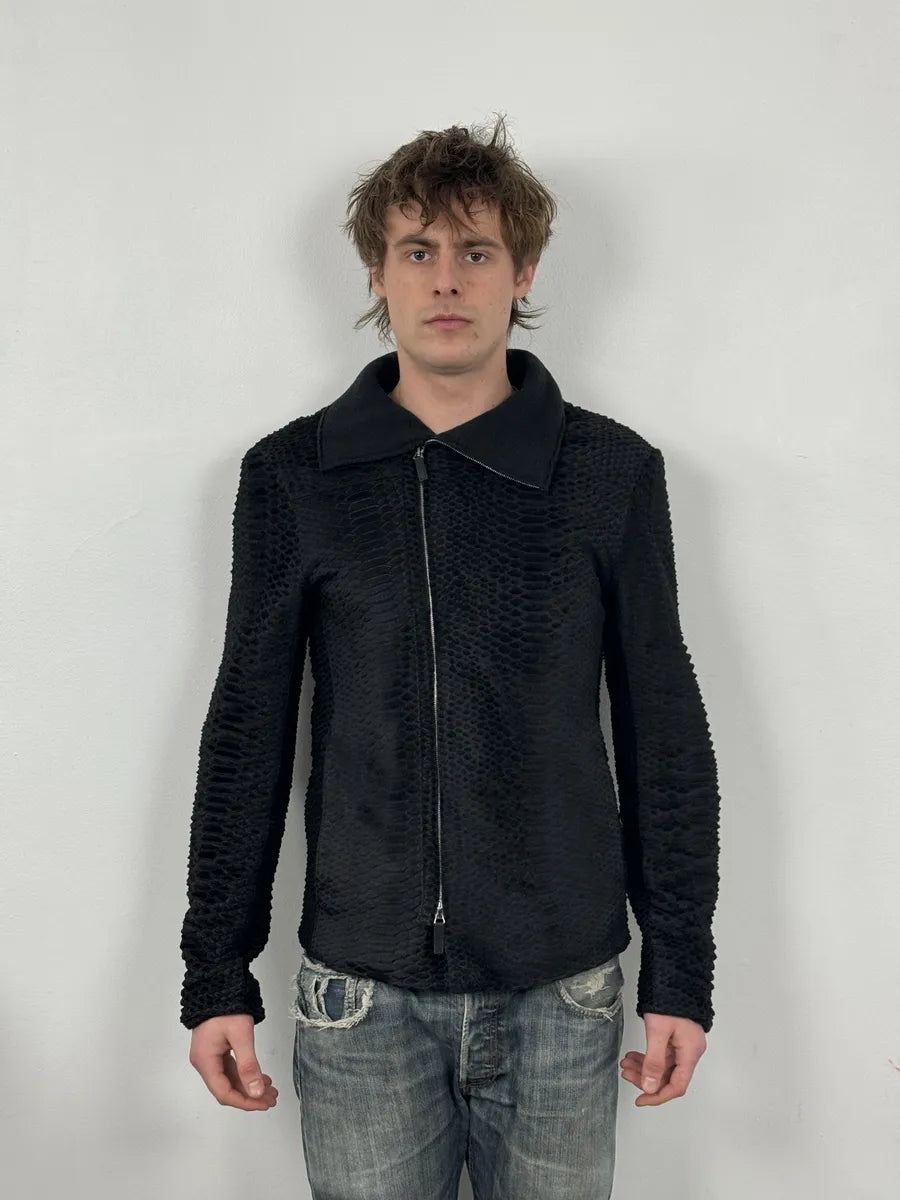 AW2010 Emporio Armani Asymmetrical Black Crocodile Embossed Leather Jacket JkYoTnY 3