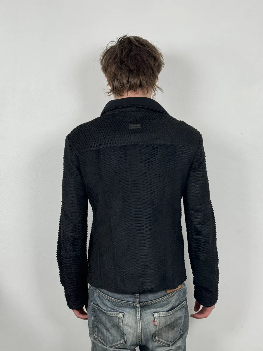 AW2010 Emporio Armani Asymmetrical Black Crocodile Embossed Leather Jacket JkYoTnY 4