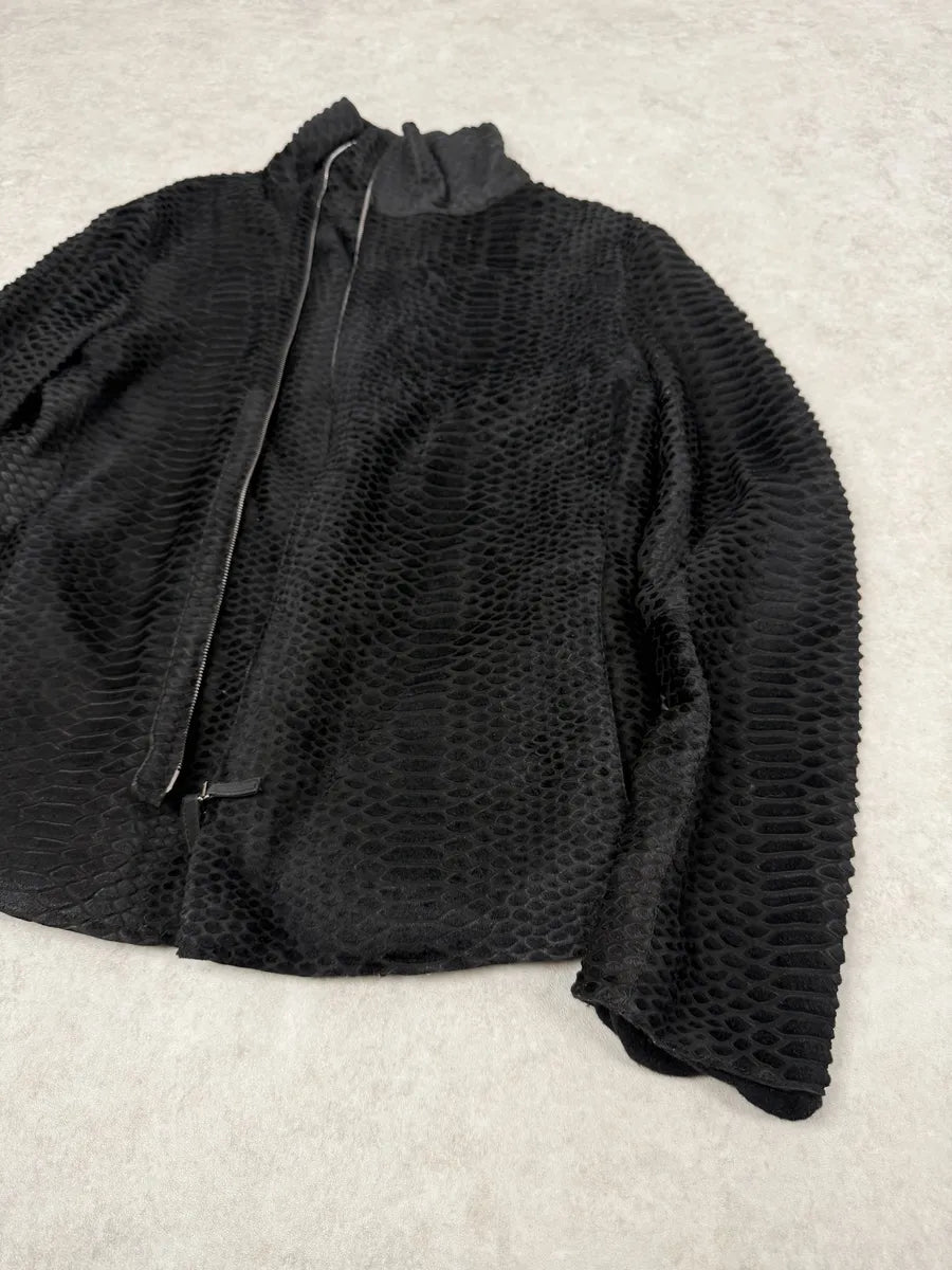 AW2010 Emporio Armani Asymmetrical Black Crocodile Embossed Leather Jacket JkYoTnY 5