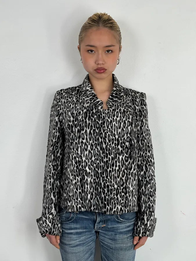 AW2010 Emporio Armani Black White Leopard Print Cozy Biker Jacket HPYQBkM 0