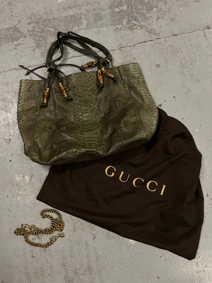 AW2010 Gucci Olive Python Bucket Bamboo Details Leather Handle Bag  gHXhgOm 2