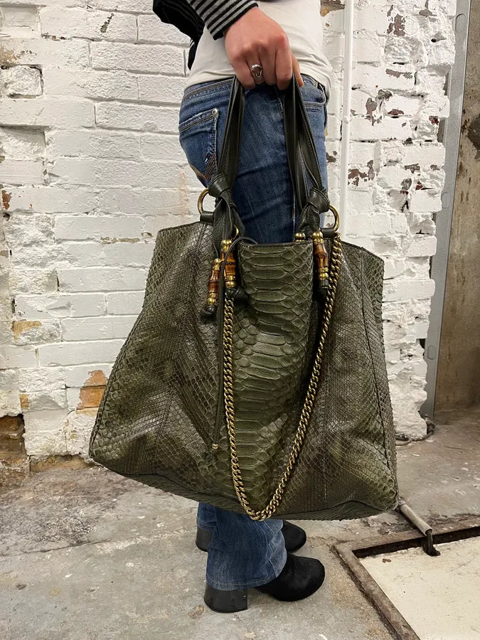 AW2010 Gucci Olive Python Bucket Bamboo Details Leather Handle Bag  gHXhgOm 3