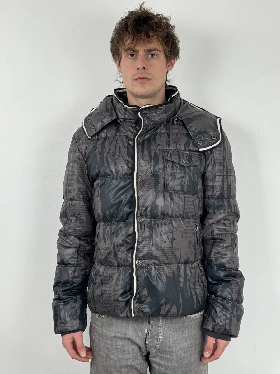 AW2010 John Galliano Magazine Newspapers Black & Brown Hooded Puffer Jacket nTeyQXh 2