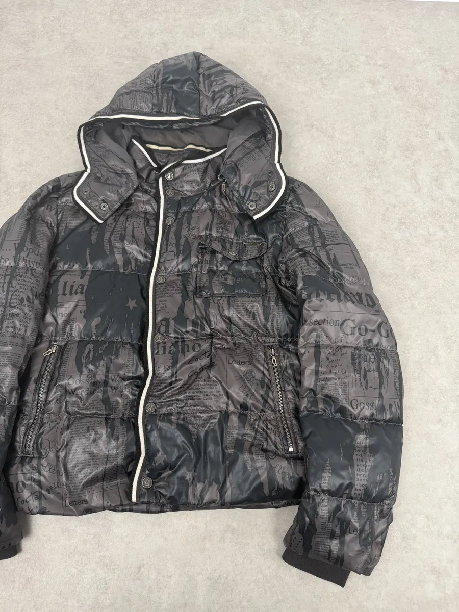 AW2010 John Galliano Magazine Newspapers Black & Brown Hooded Puffer Jacket nTeyQXh 5