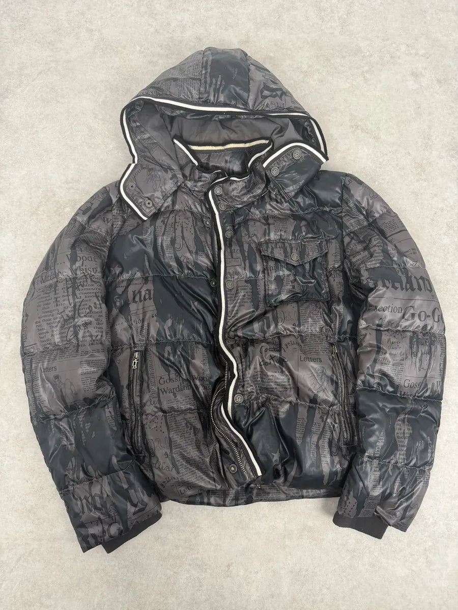 AW2010 John Galliano Magazine Newspapers Black & Brown Hooded Puffer Jacket nTeyQXh 6