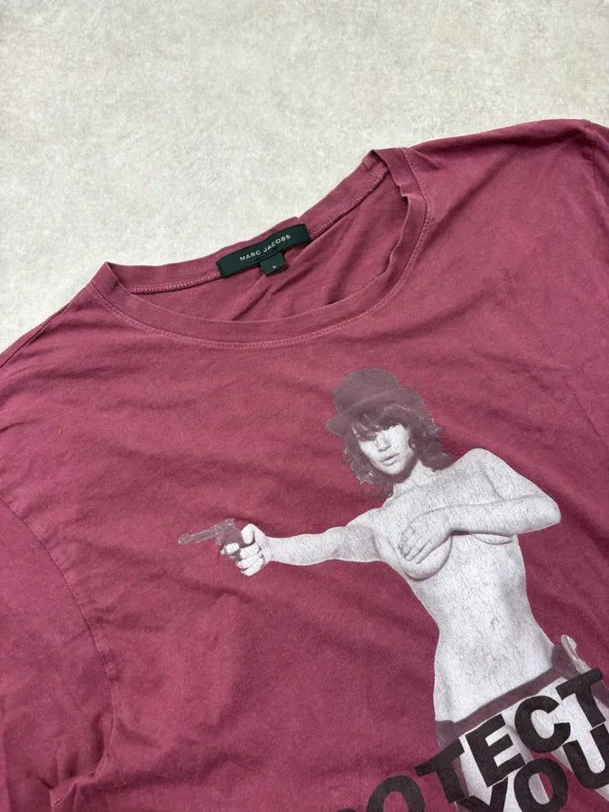 AW2010 Marc Jacobs Burgundy Protect Your Skin Woman Naked T-Shirt ZGrPwtX 5