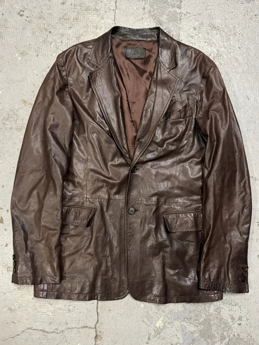 AW2010 Prada Brown Eroded Leather Blazer Jacket SdVGdjk 0