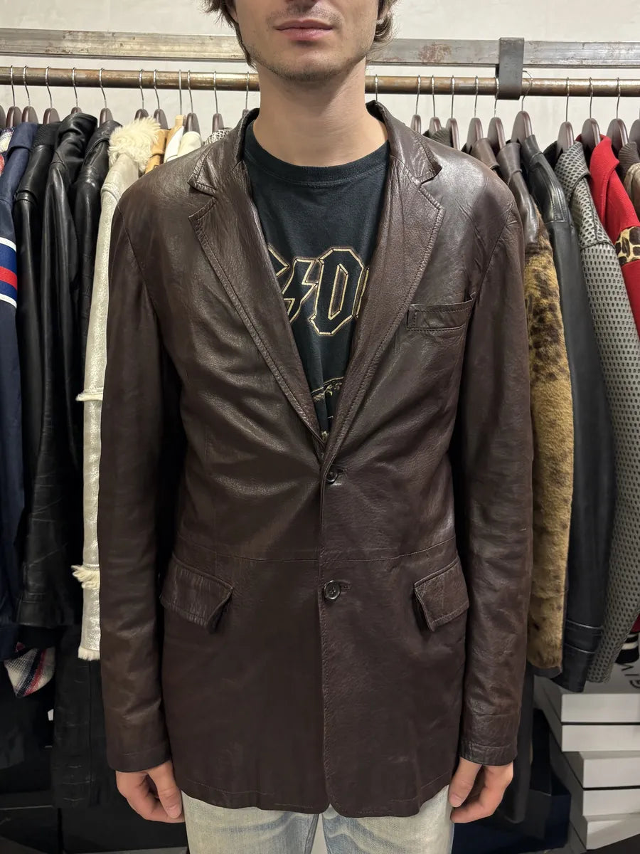 AW2010 Prada Brown Eroded Leather Blazer Jacket SdVGdjk 2
