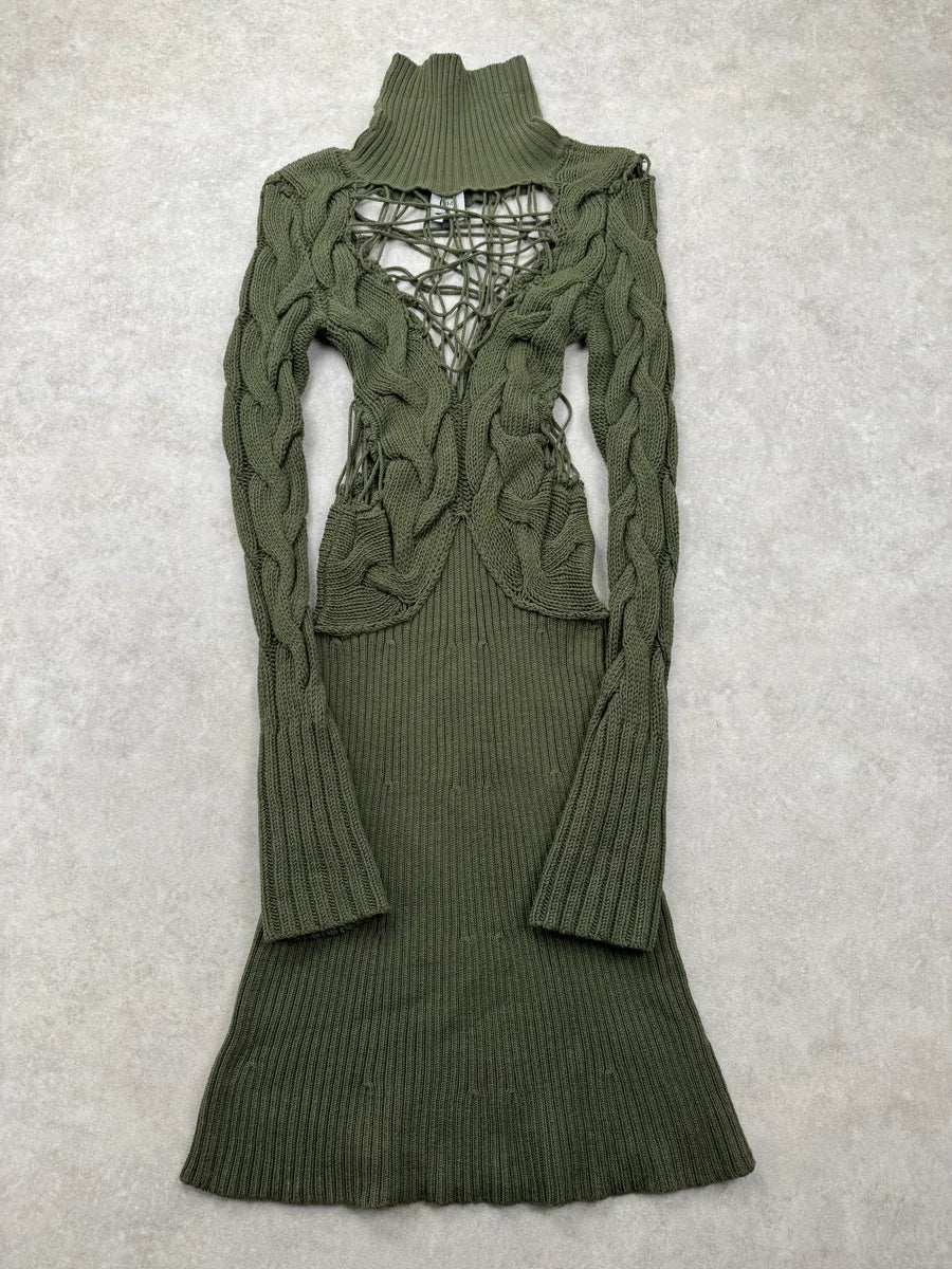 AW2011 Alexander McQueen Olive Wool Cutout Cable-Knit Dress ZldPyZau 3