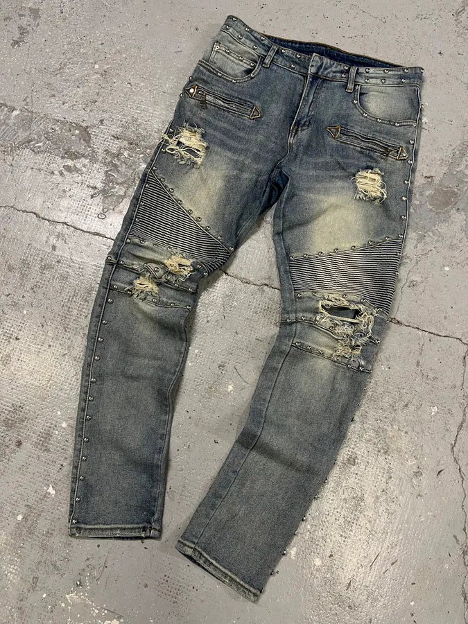 AW2011 Balmain Blue Studded Denim Jeans (S/M) BkdhVaB 4