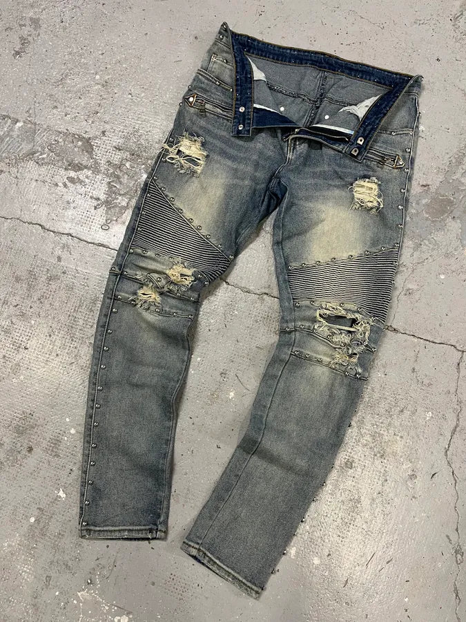 AW2011 Balmain Blue Studded Denim Jeans (S/M) BkdhVaB 5