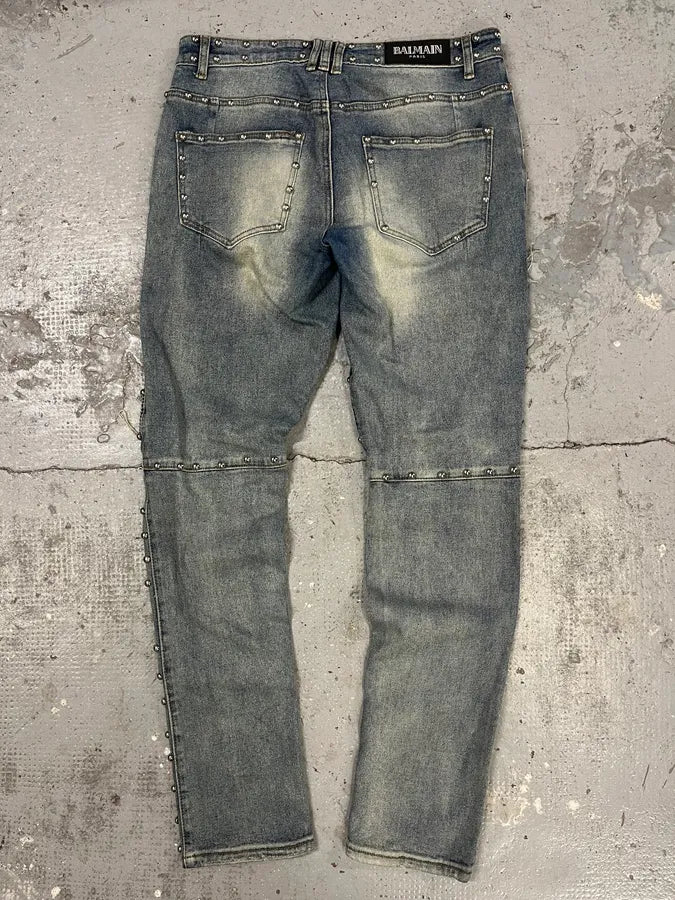 AW2011 Balmain Blue Studded Denim Jeans (S/M) BkdhVaB 6