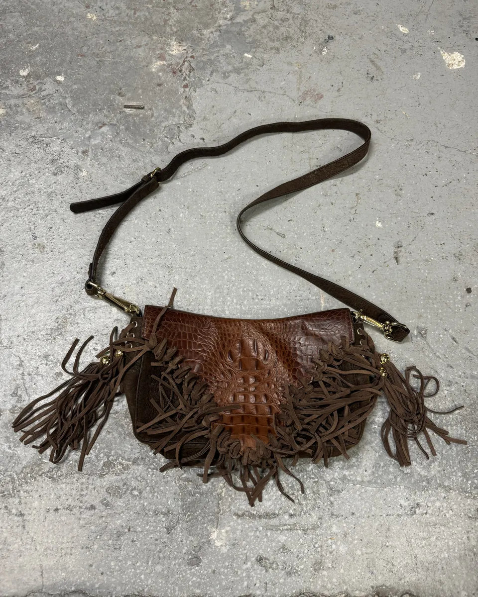 AW2011 Cavalli Brown Farwest Fringe Crocodile Effect Embossed Leather Bag  (OS) 0