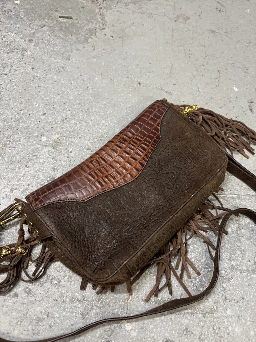 AW2011 Cavalli Brown Farwest Fringe Crocodile Effect Embossed Leather Bag  (OS) 1