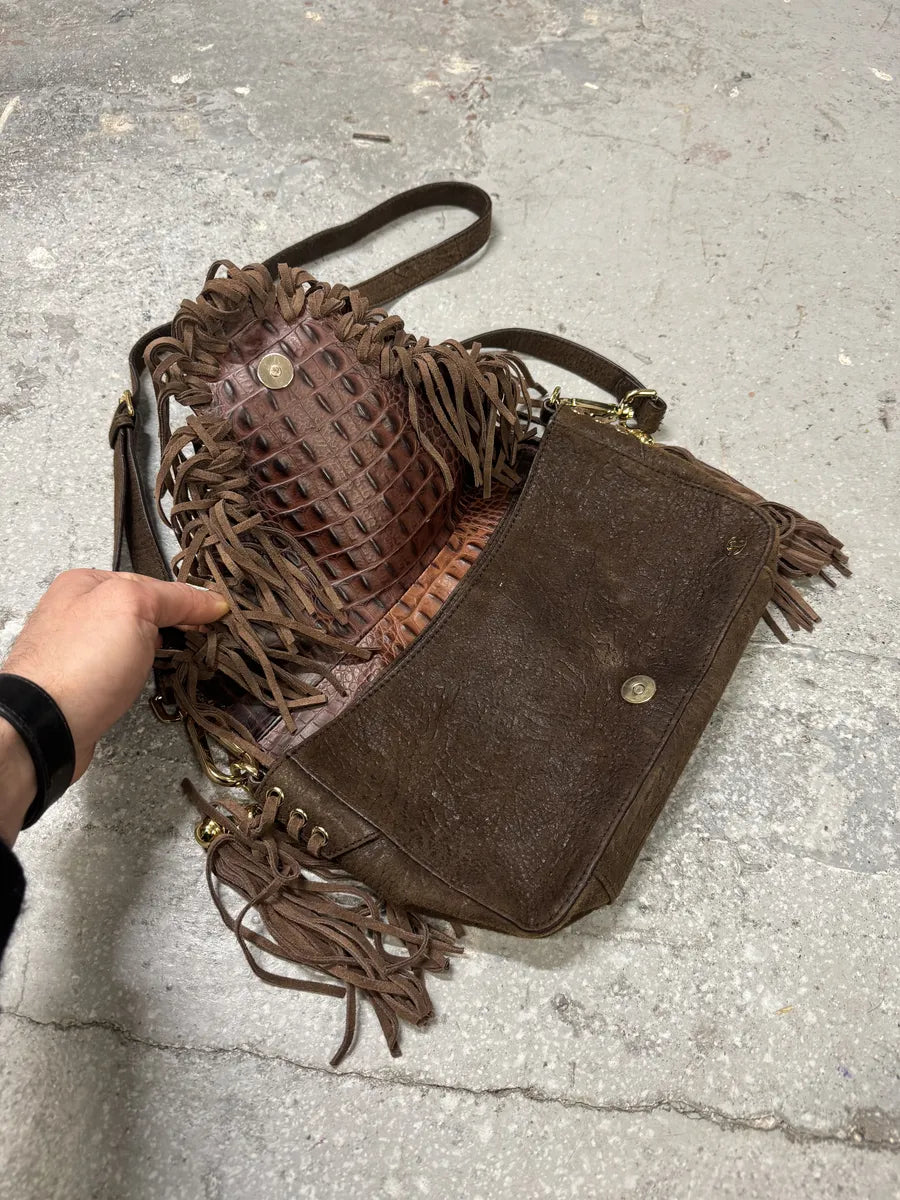 AW2011 Cavalli Brown Farwest Fringe Crocodile Effect Embossed Leather Bag  (OS) 2