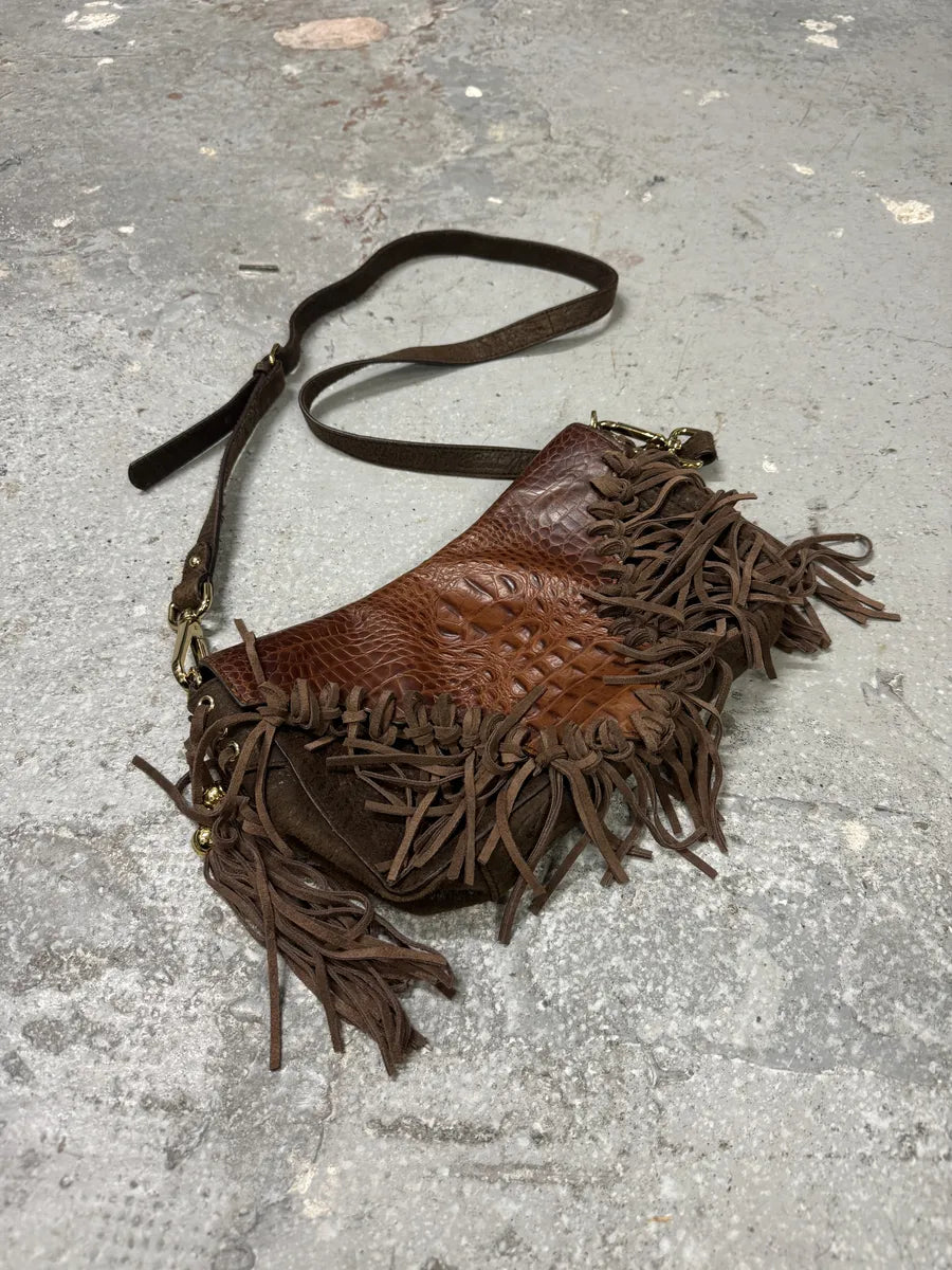 AW2011 Cavalli Brown Farwest Fringe Crocodile Effect Embossed Leather Bag  (OS) 3