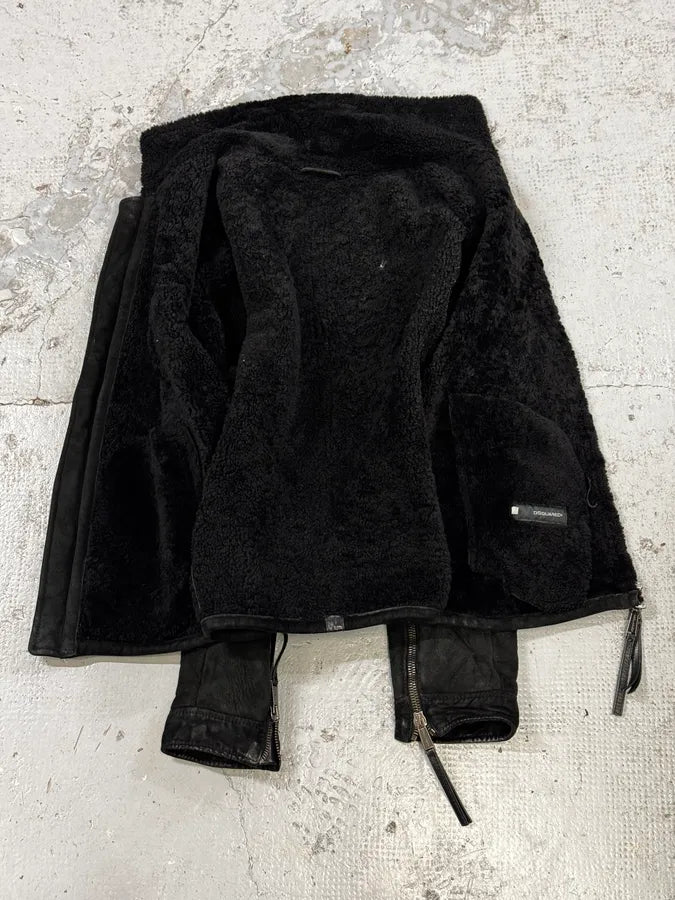 AW2011 Dsquared2 Black Leather Shearling Collar Bomber Jacket PiGaGVC 6