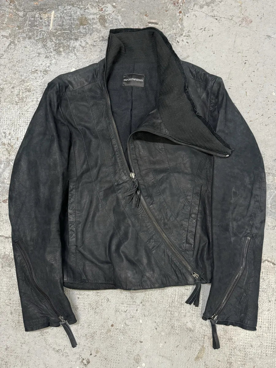 AW2011 Emporio Armani Black Asymmetrical Samurai Leather Jacket sLbQPYE 1